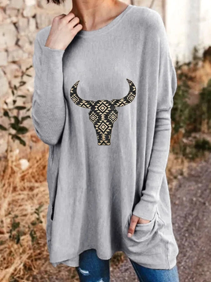 Women's Aztec Bull Skull Casual Long-Sleeved T-Shirt.