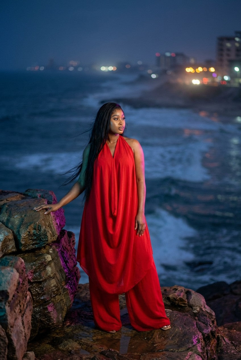 Elegant Red Draped Halter Tunic and Wide Leg Pant Set