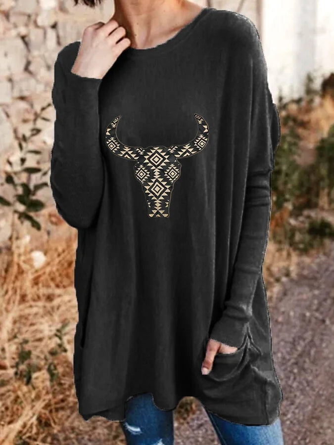 Women's Aztec Bull Skull Casual Long-Sleeved T-Shirt.