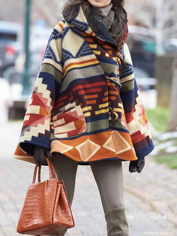 Geometric Print Hooded Woolen Coat.