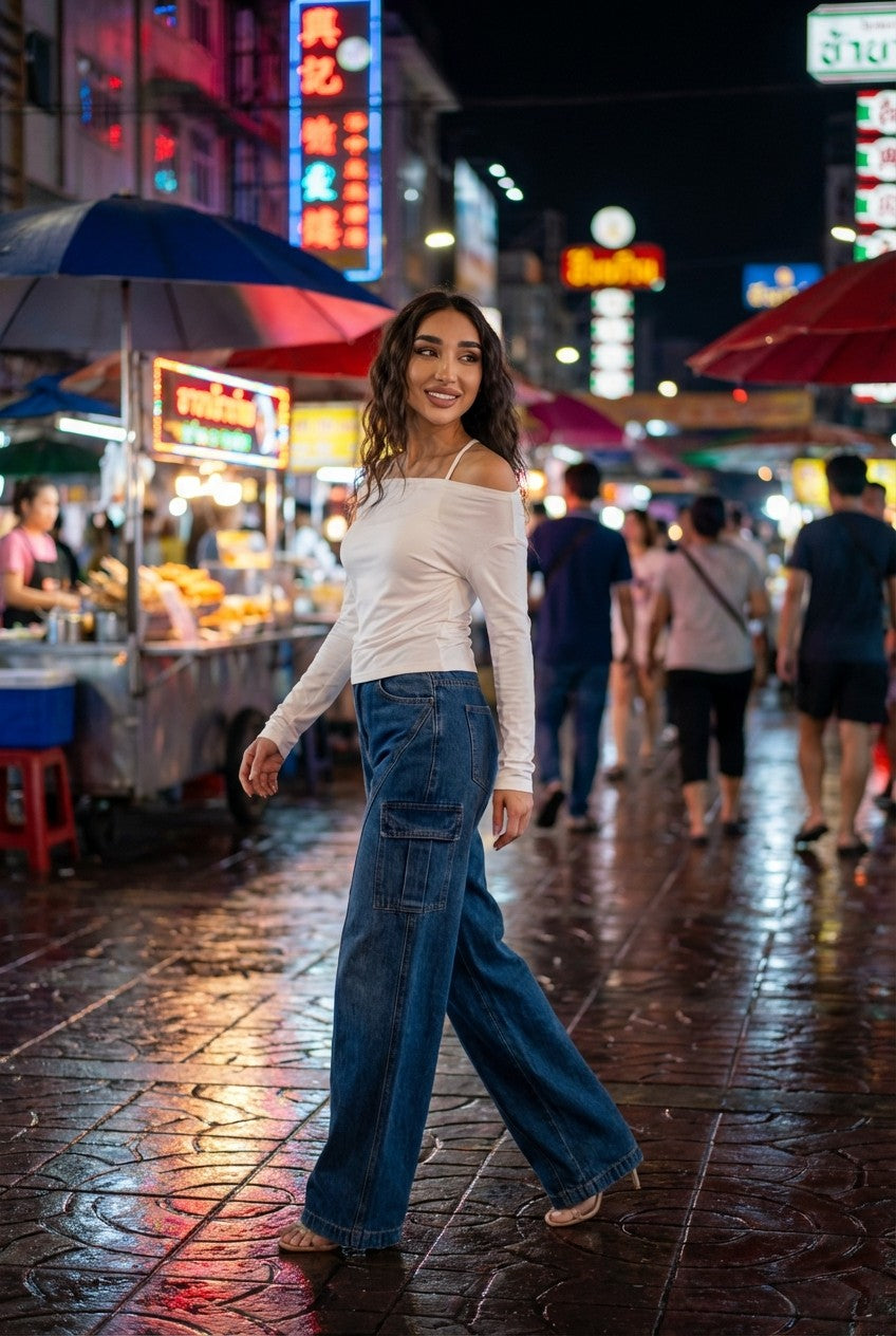 Women's High-Waisted Wide Leg Denim Cargo Jeans, Dark Wash