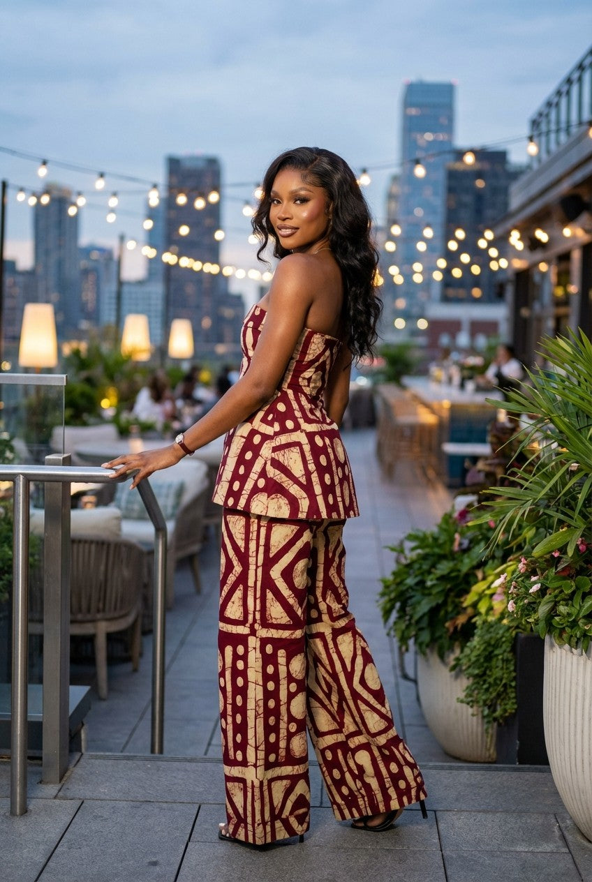 Burgundy Geometric Print Strapless Peplum Top and Wide Leg Pants Set