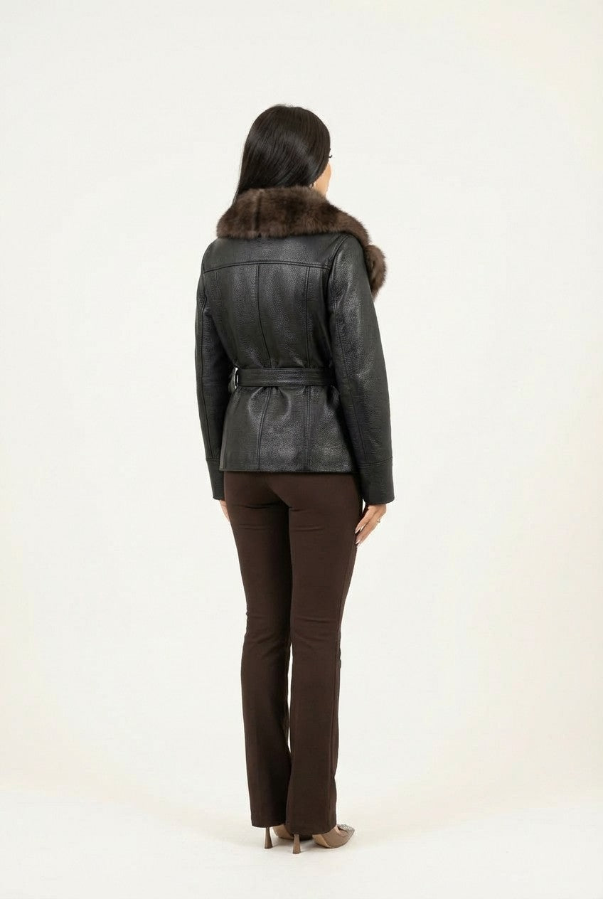 Women's Pebbled Leather Belted Jacket with Faux Fur Trim Collar