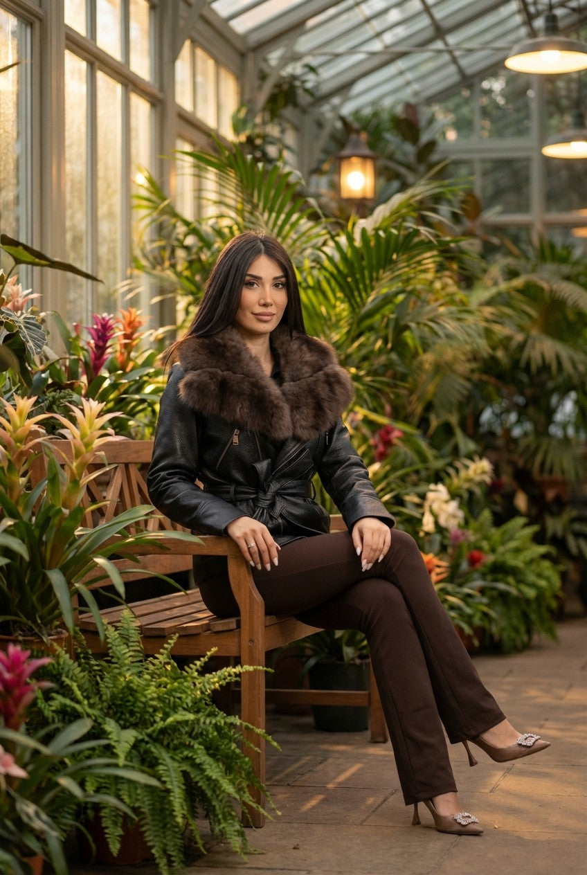 Women's Pebbled Leather Belted Jacket with Faux Fur Trim Collar