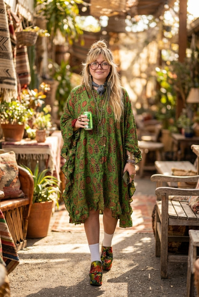 Women's Paisley Print Ruffled Kaftan Dress Oversized Boho Style