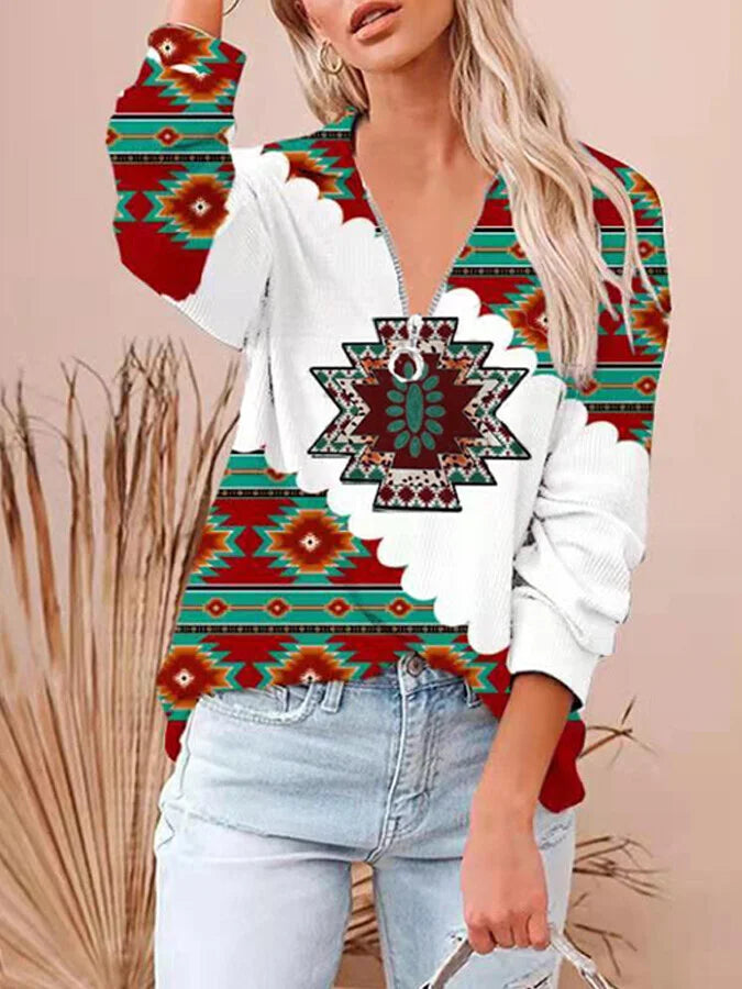 Women's Vintage Aztec Pattern Printed Casual Zip Neck Sweatshirt.