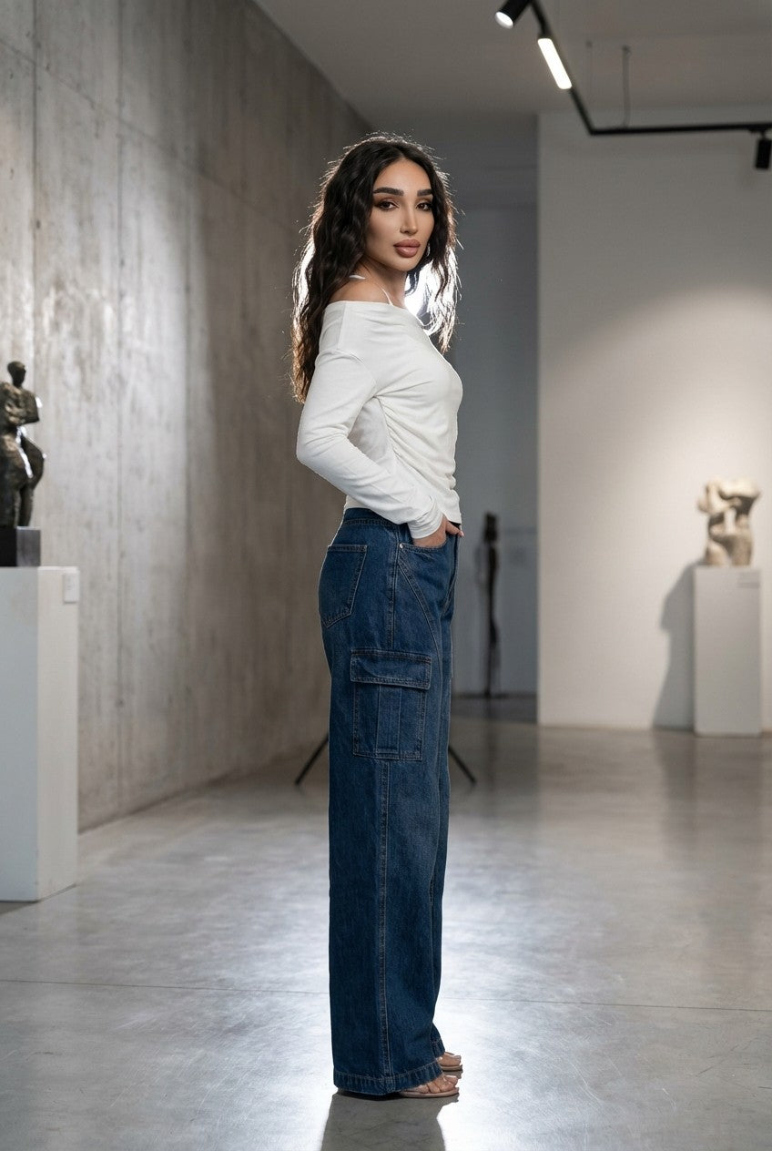 Women's High-Waisted Wide Leg Denim Cargo Jeans, Dark Wash