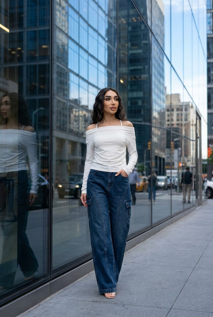 Women's High-Waisted Wide Leg Denim Cargo Jeans, Dark Wash