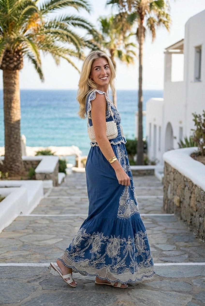 Women's Blue Embroidered Lace Maxi Dress With Smocked Waist Boho Resort Style