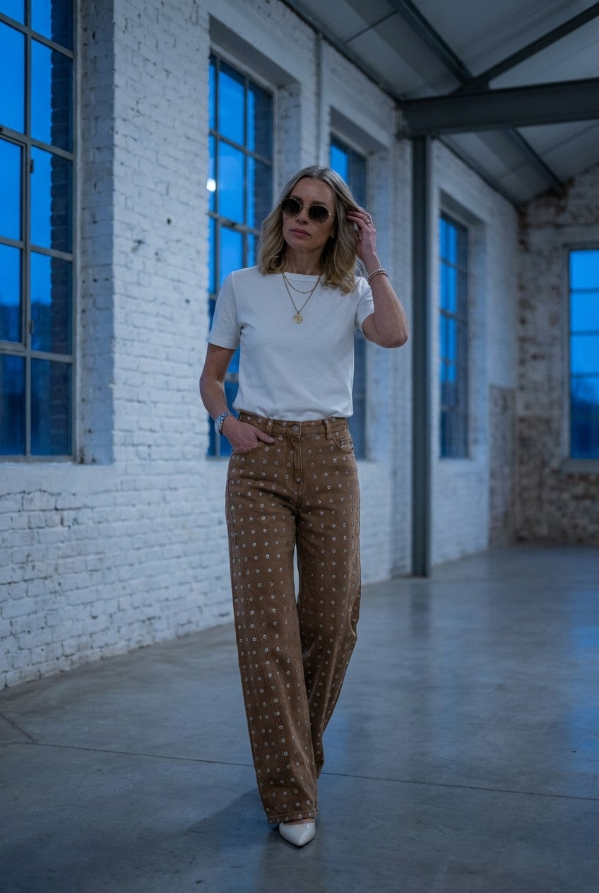 Women's Grommet Detailed Cotton Pants Wide Leg High Waisted Streetwear