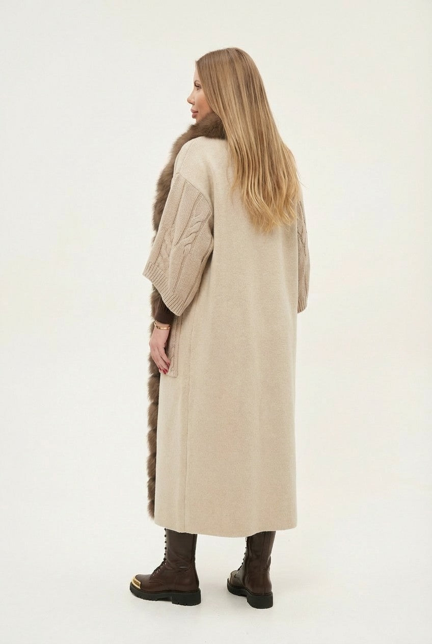 Women's Luxury Fur Trim Long Knit Cardigan Oversized Winter Wrap