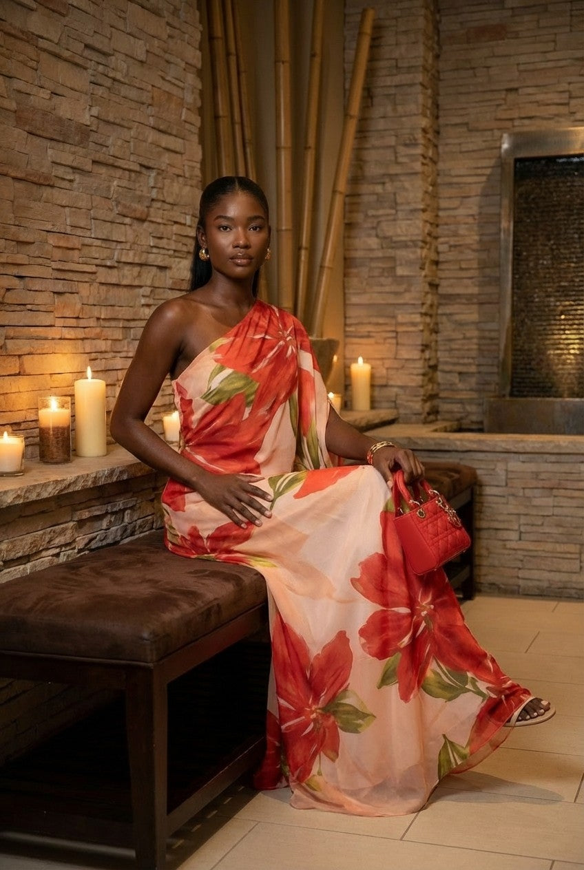 Women's Elegant Floral Chiffon One-Shoulder Maxi Dress, Flowing Evening Gown