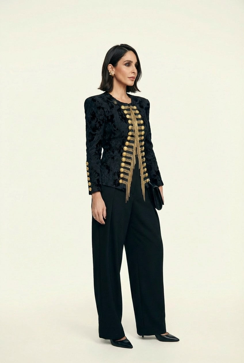 Women's Structured Black Jacquard Military Jacket with Gold Chains