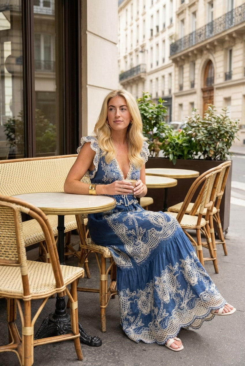 Women's Blue Embroidered Lace Maxi Dress With Smocked Waist Boho Resort Style