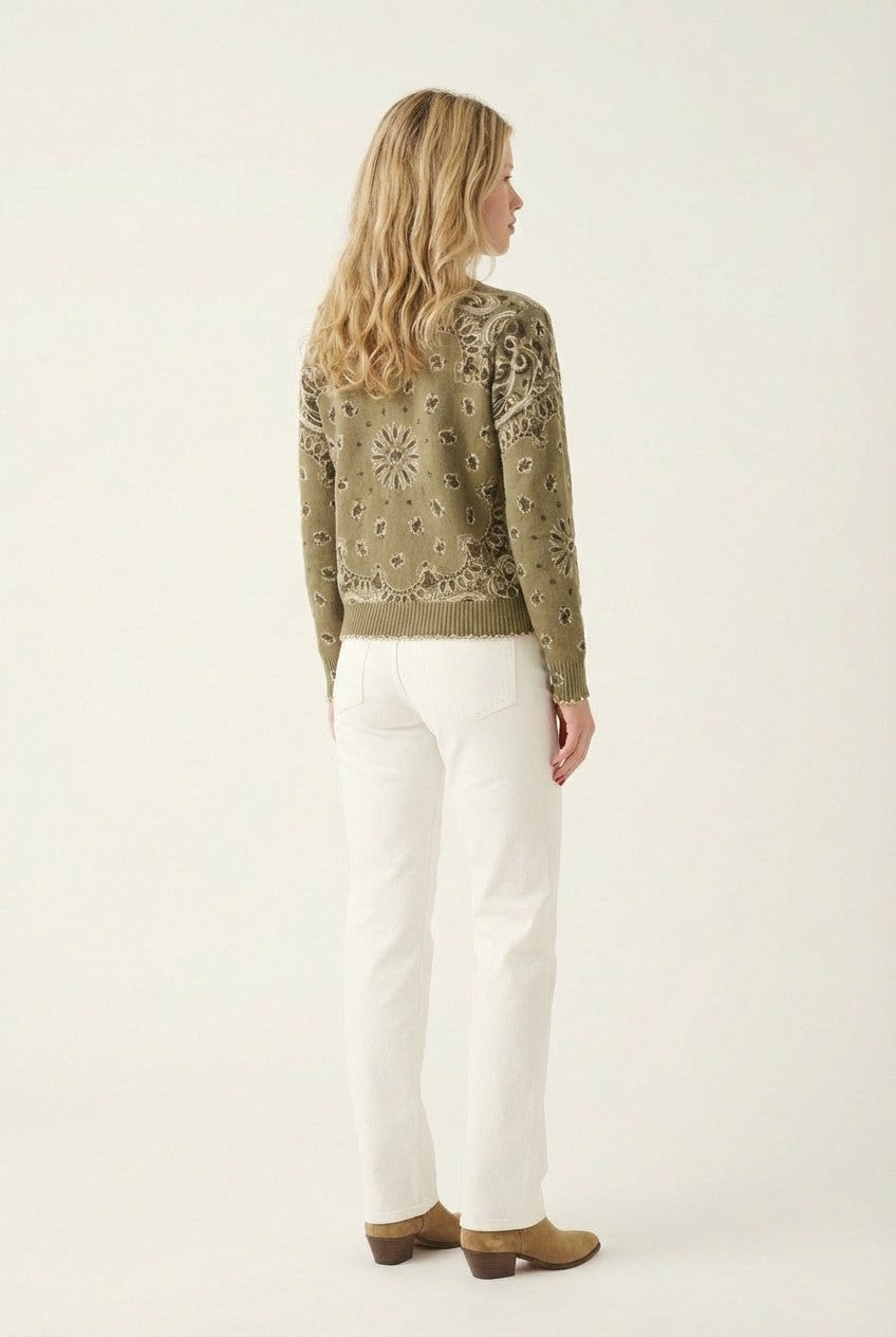 Women's Bandana Print Intarsia Knit Sweater Relaxed Western Vibe