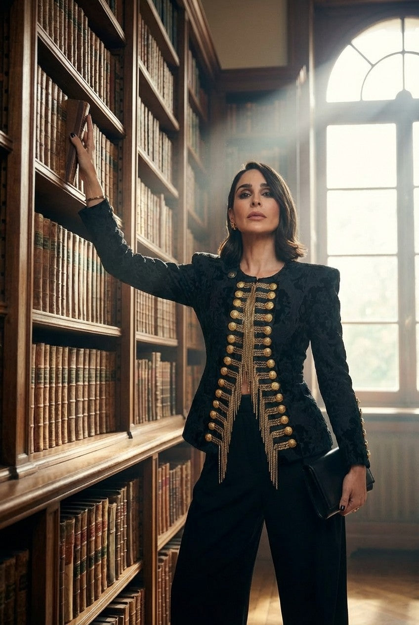 Women's Structured Black Jacquard Military Jacket with Gold Chains