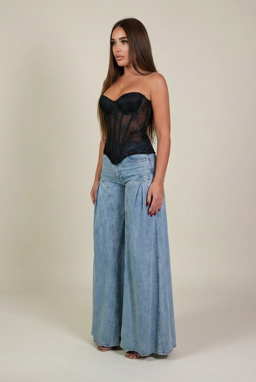 Women's High-Waisted Wide Leg Denim Jeans, Pleated Palazzo Fit