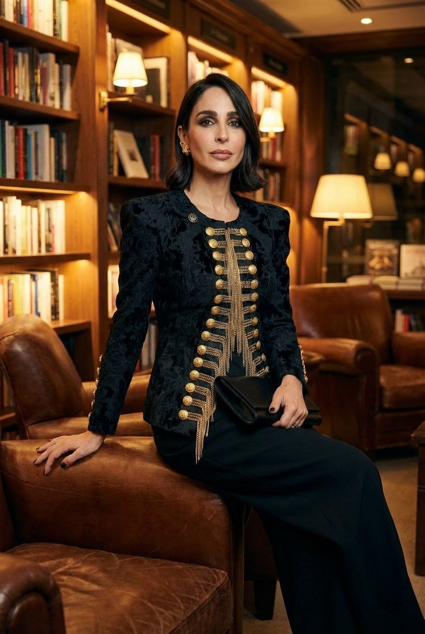 Women's Structured Black Jacquard Military Jacket with Gold Chains