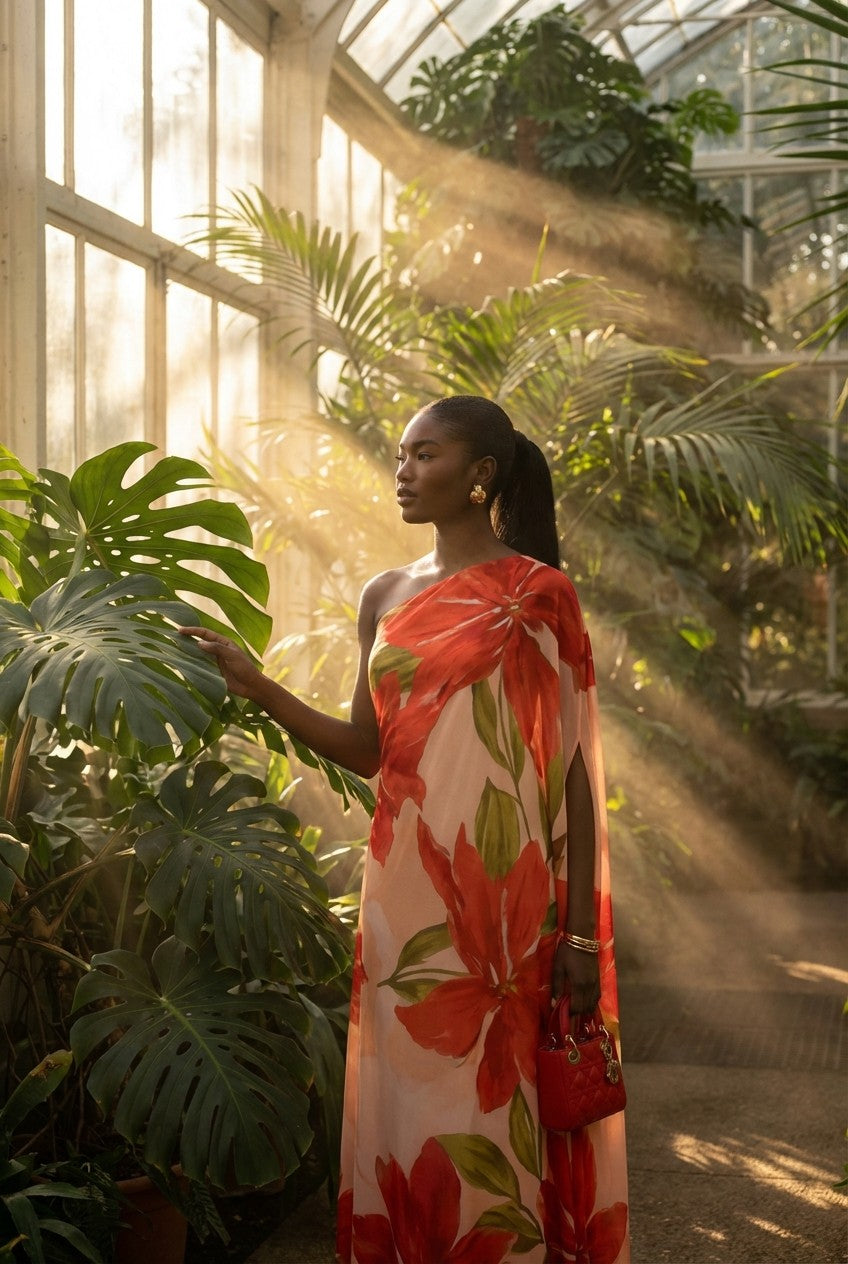 Women's Elegant Floral Chiffon One-Shoulder Maxi Dress, Flowing Evening Gown