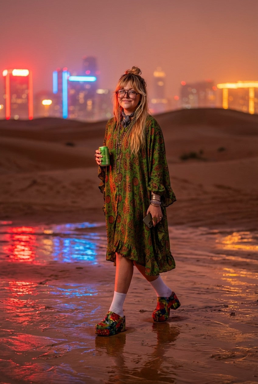 Women's Paisley Print Ruffled Kaftan Dress Oversized Boho Style