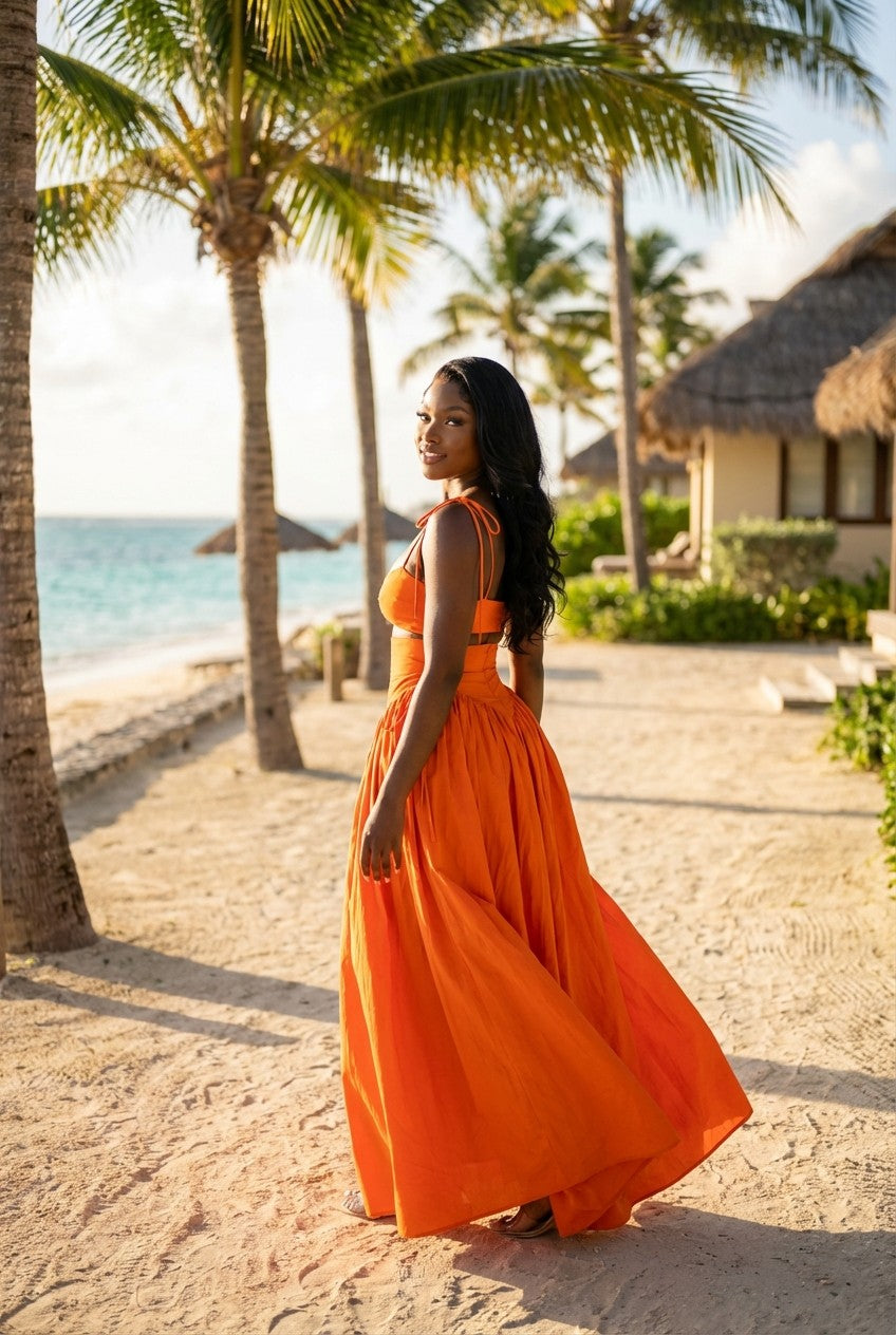 Orange Cotton Poplin Tie-Strap Crop Top And Maxi Skirt Set, Resort