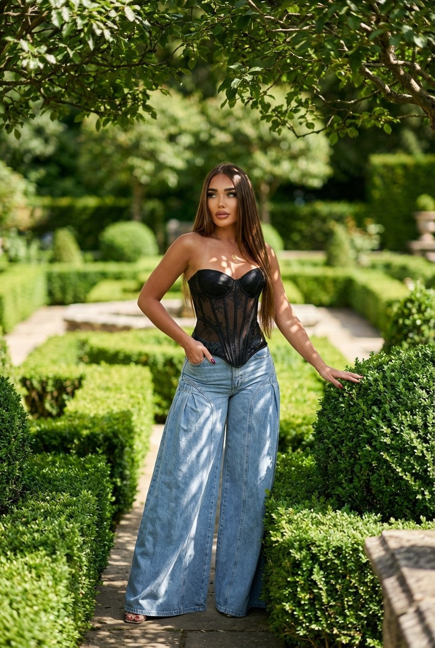 Women's High-Waisted Wide Leg Denim Jeans, Pleated Palazzo Fit