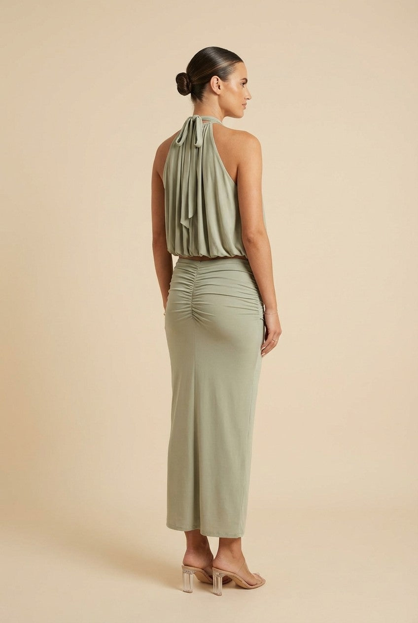 Women's Sage Green Pleated Halter Blouse and Maxi Skirt Set