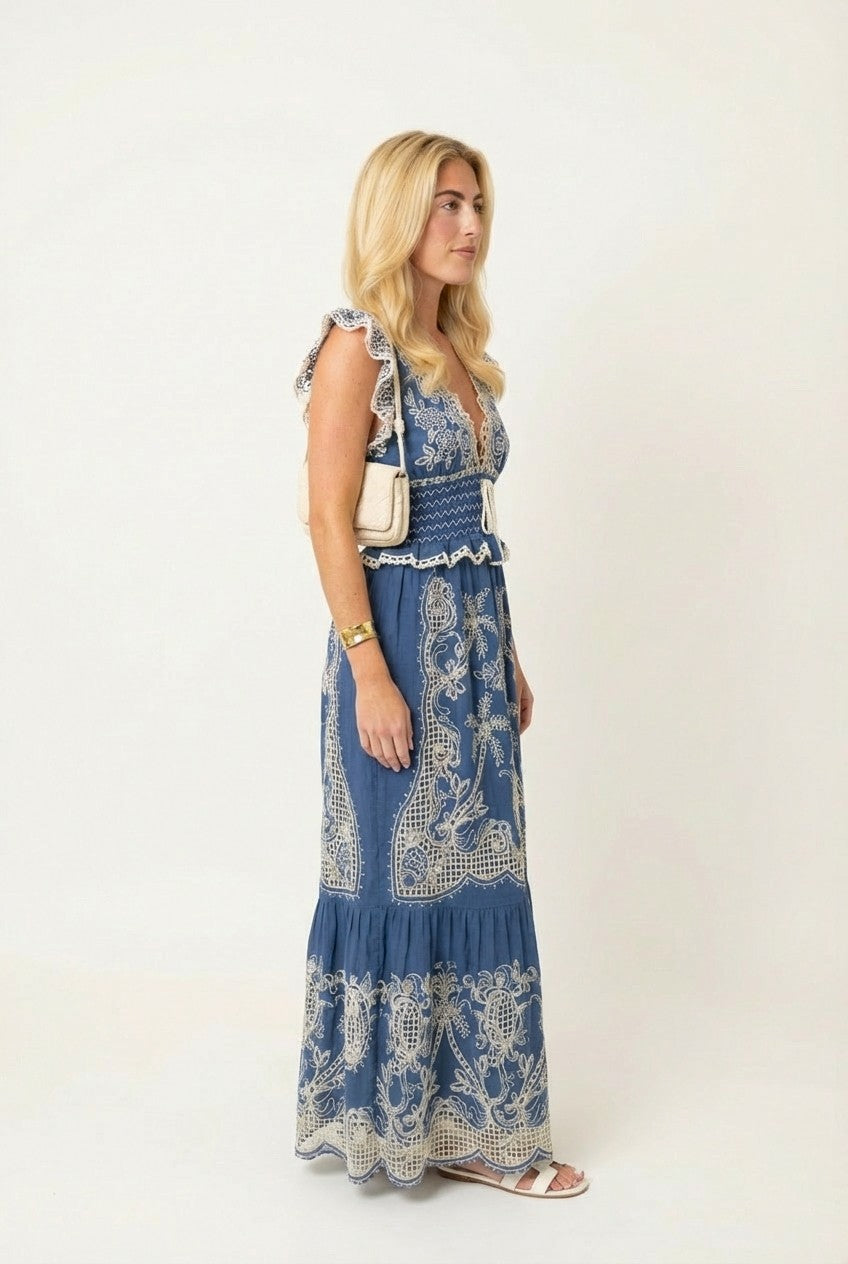 Women's Blue Embroidered Lace Maxi Dress With Smocked Waist Boho Resort Style