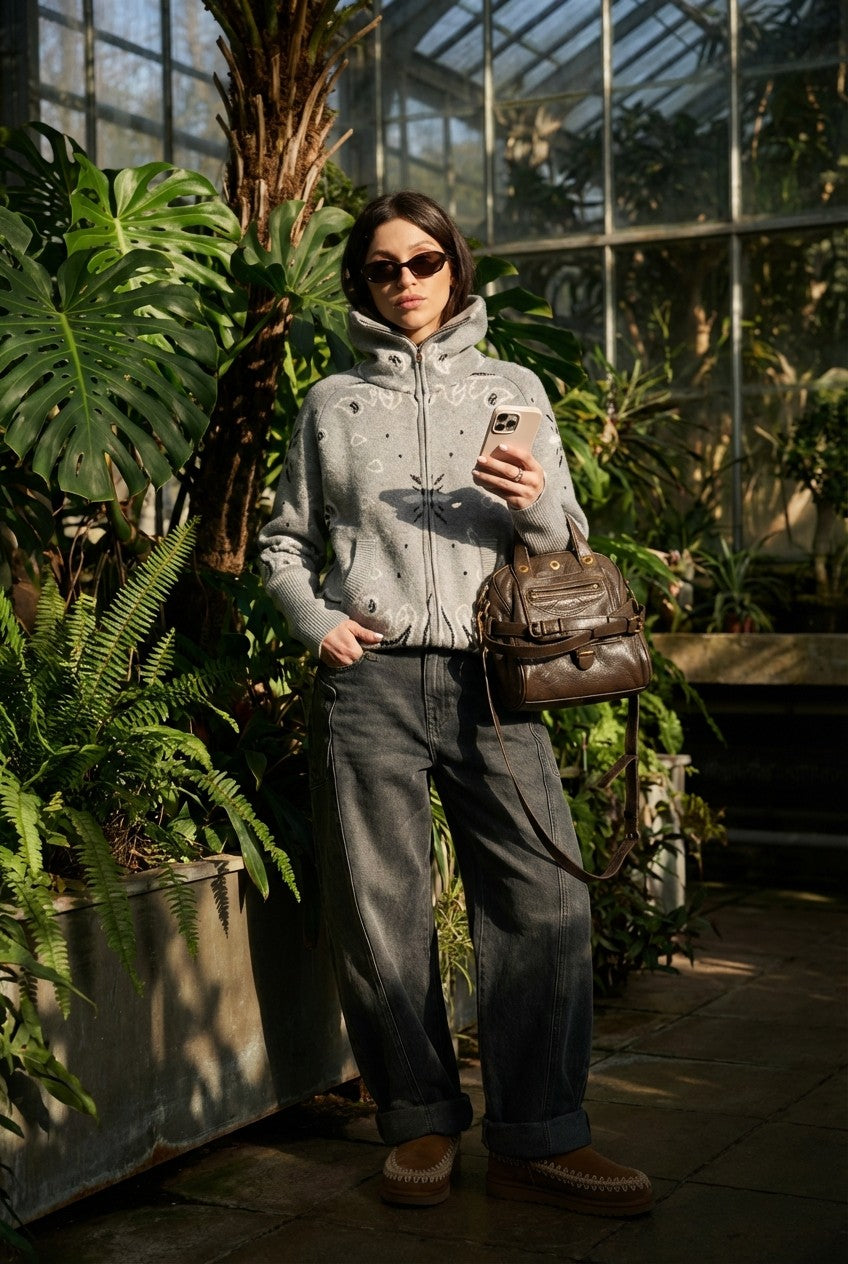 Women's Grey Bandana Jacquard Knit Zip-Up Sweater, High Neck