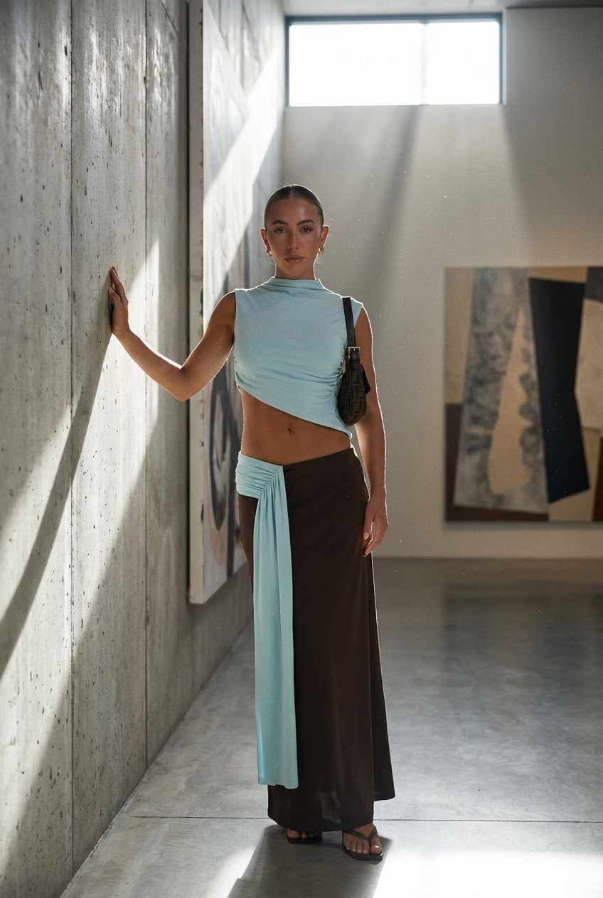 Color Block Asymmetric Ruched Two Piece Maxi Skirt Set