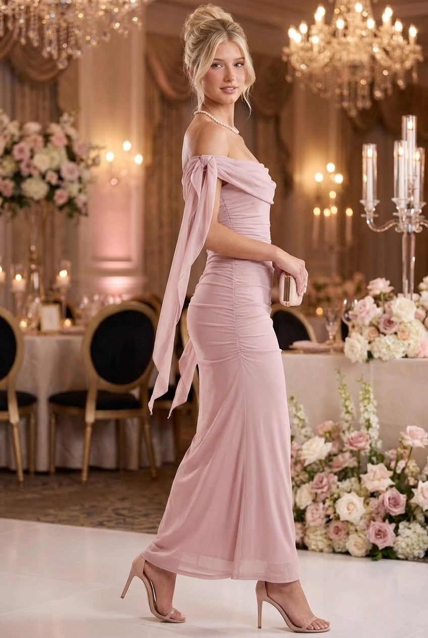 Elegant Blush Ruched Mesh Maxi Dress, Off-Shoulder Evening