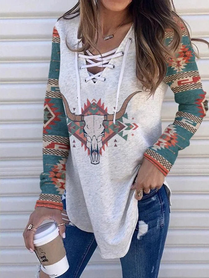Women's Aztec Pattern Bandage Long Sleeve T-Shirt.