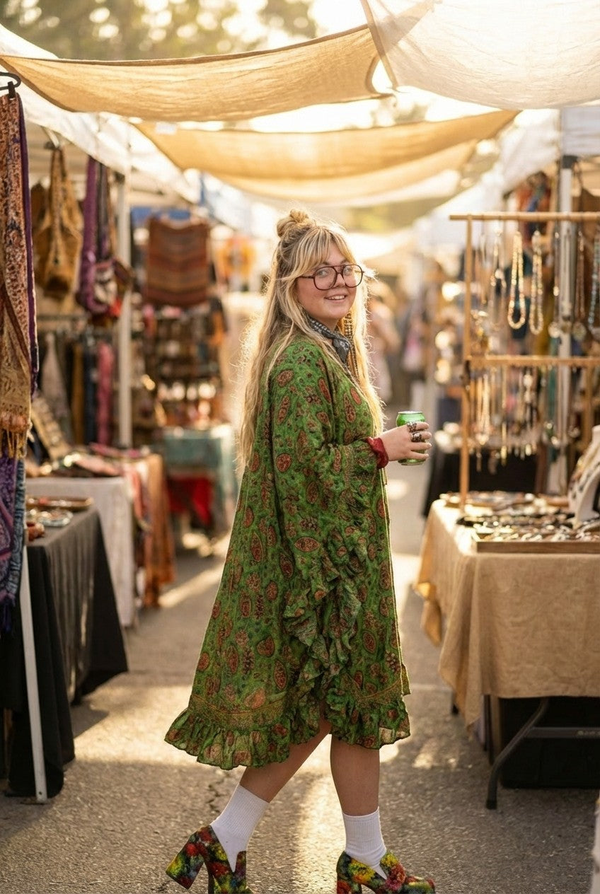 Women's Paisley Print Ruffled Kaftan Dress Oversized Boho Style