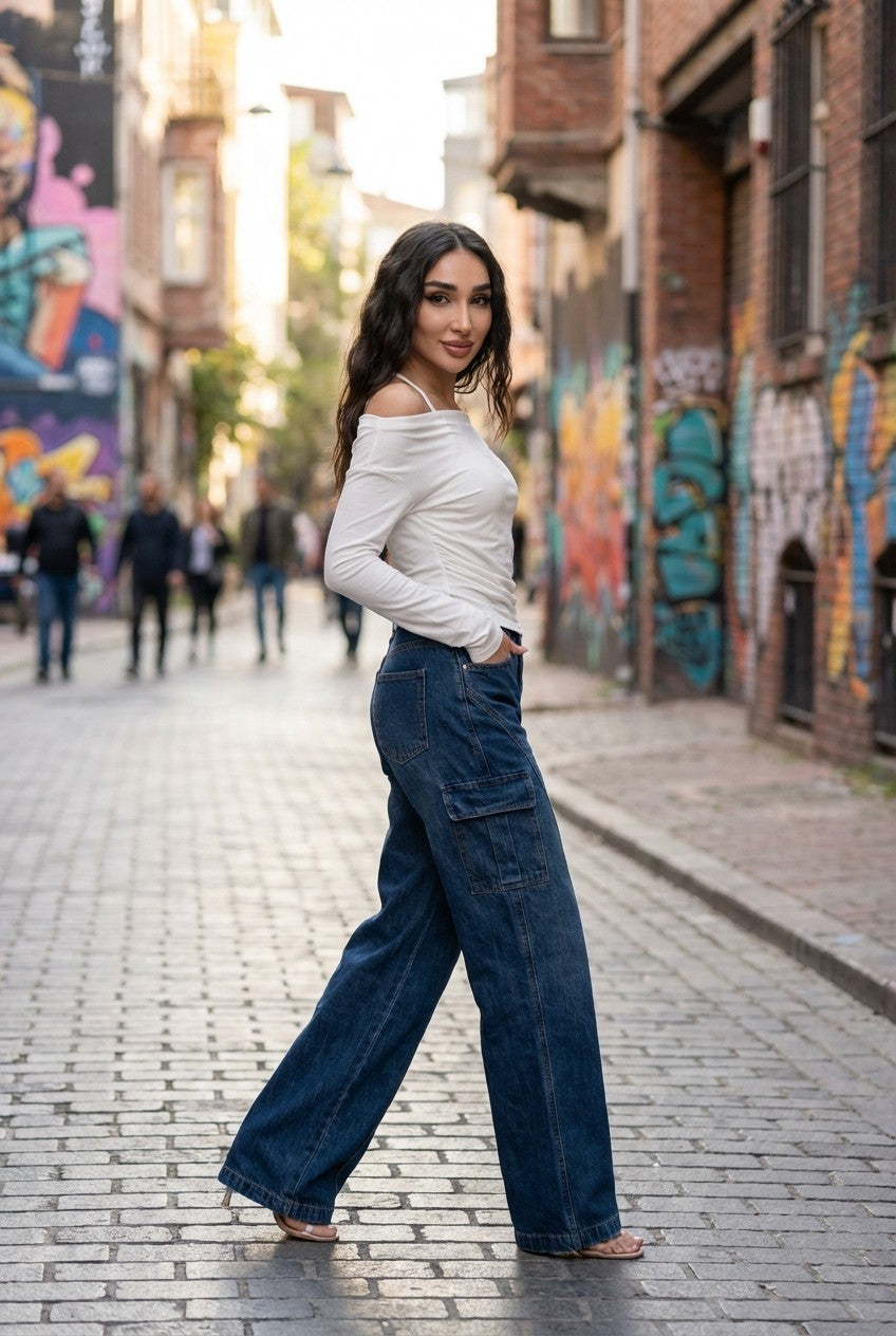 Women's High-Waisted Wide Leg Denim Cargo Jeans, Dark Wash