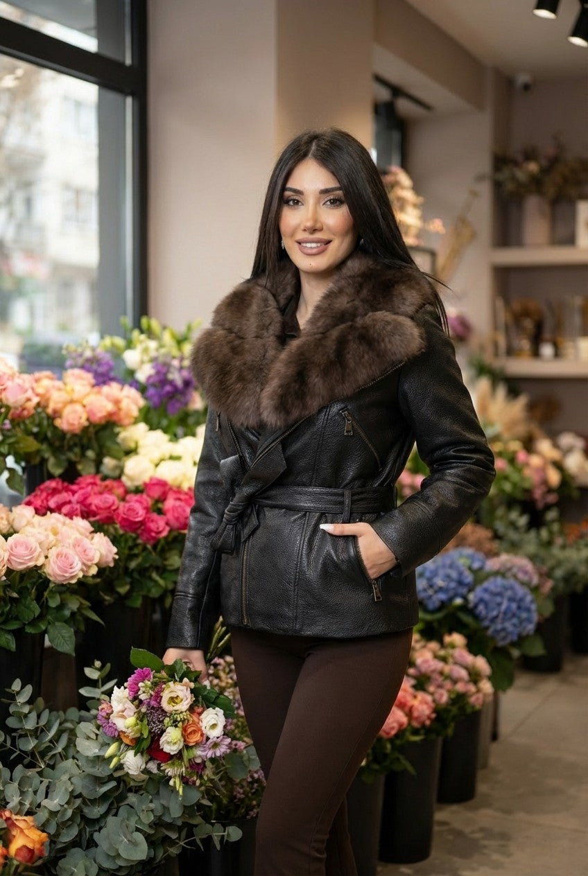 Women's Pebbled Leather Belted Jacket with Faux Fur Trim Collar