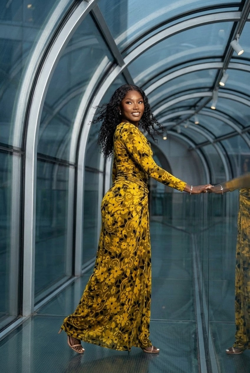 Women's Velvet Floral Maxi Dress with Ruched Knot Front, Evening