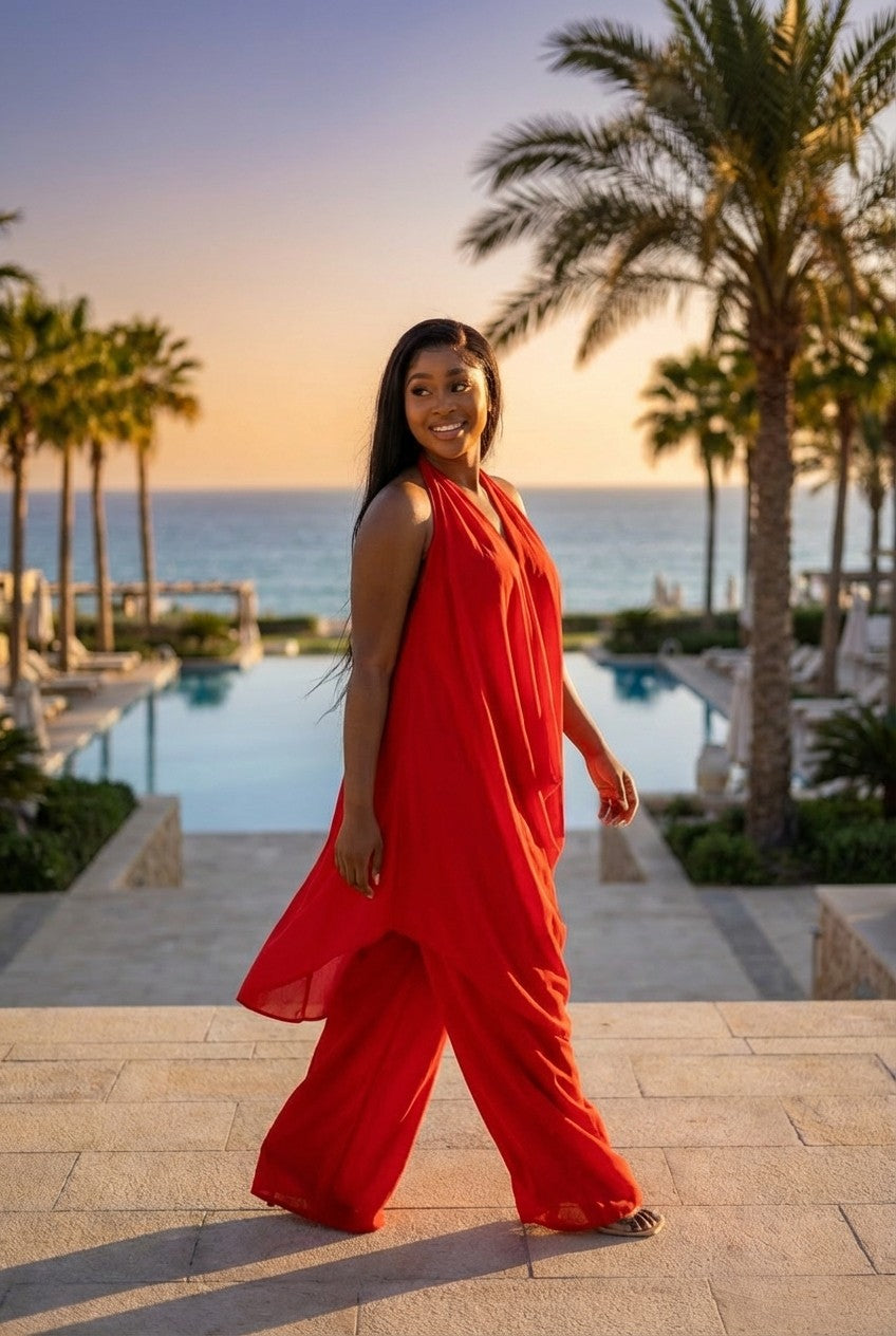 Elegant Red Draped Halter Tunic and Wide Leg Pant Set