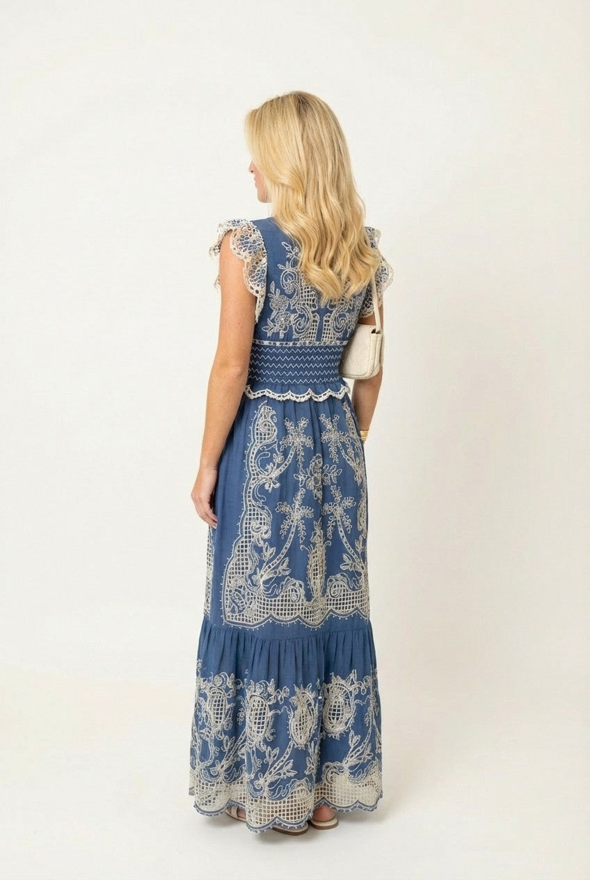 Women's Blue Embroidered Lace Maxi Dress With Smocked Waist Boho Resort Style