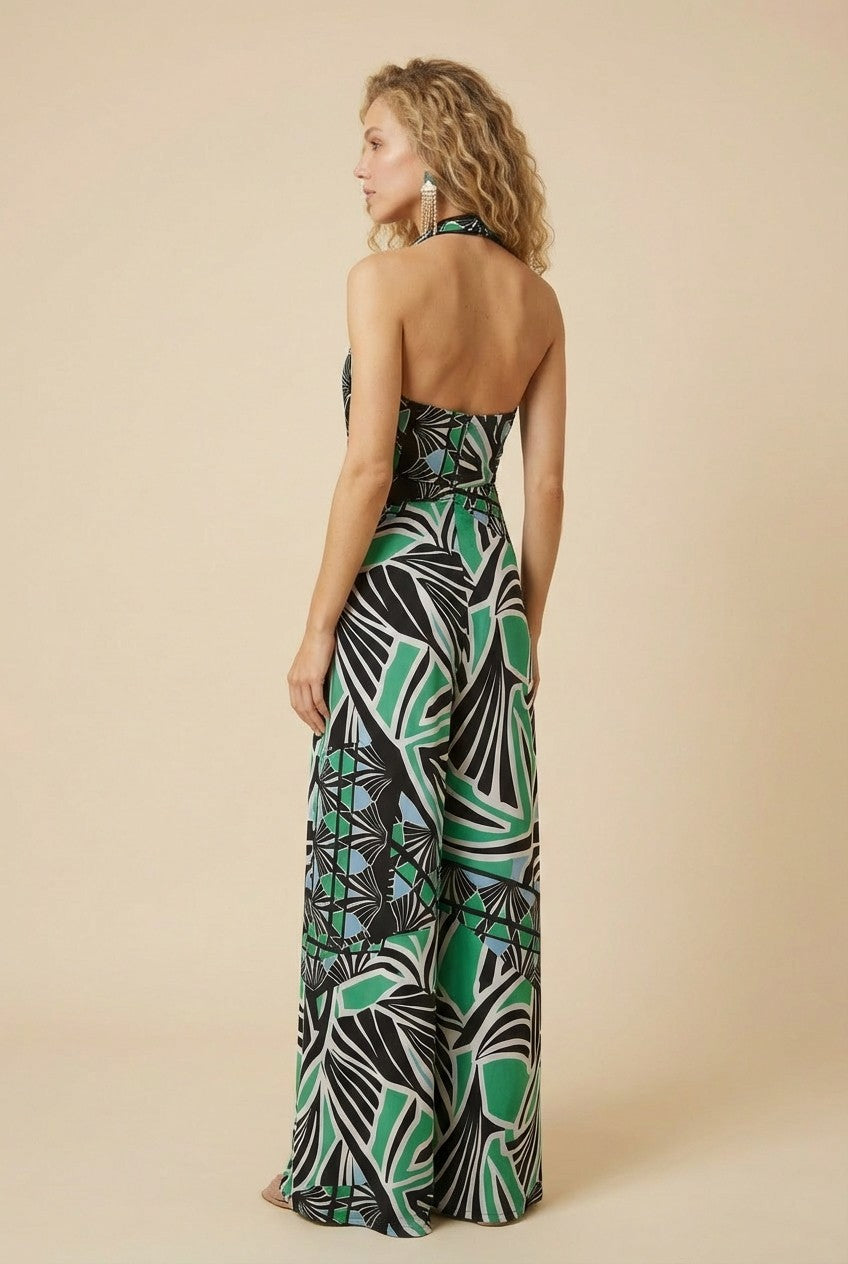 Women's Tropical Geometric Print Halter Plunge Wide Leg Jumpsuit