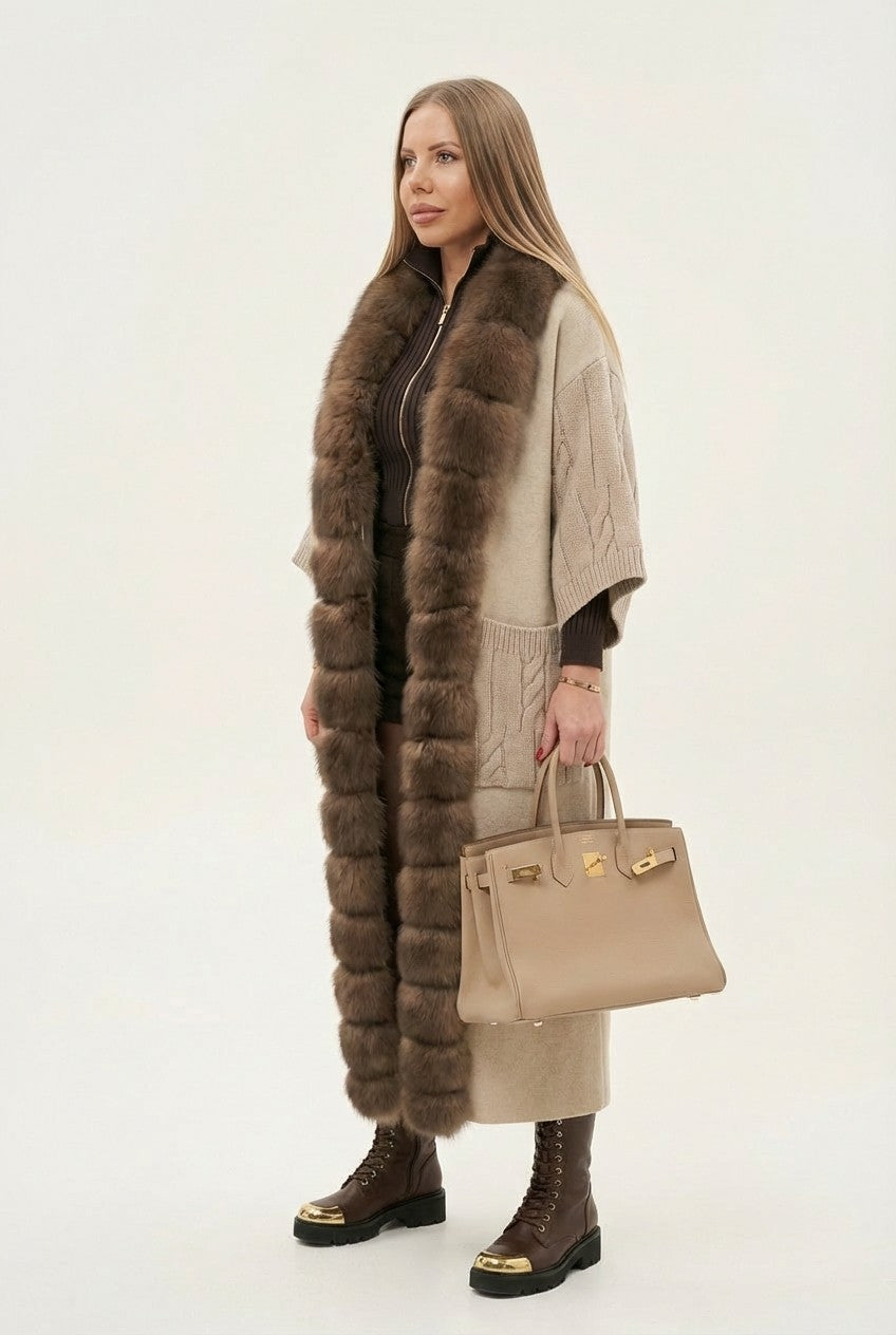 Women's Luxury Fur Trim Long Knit Cardigan Oversized Winter Wrap