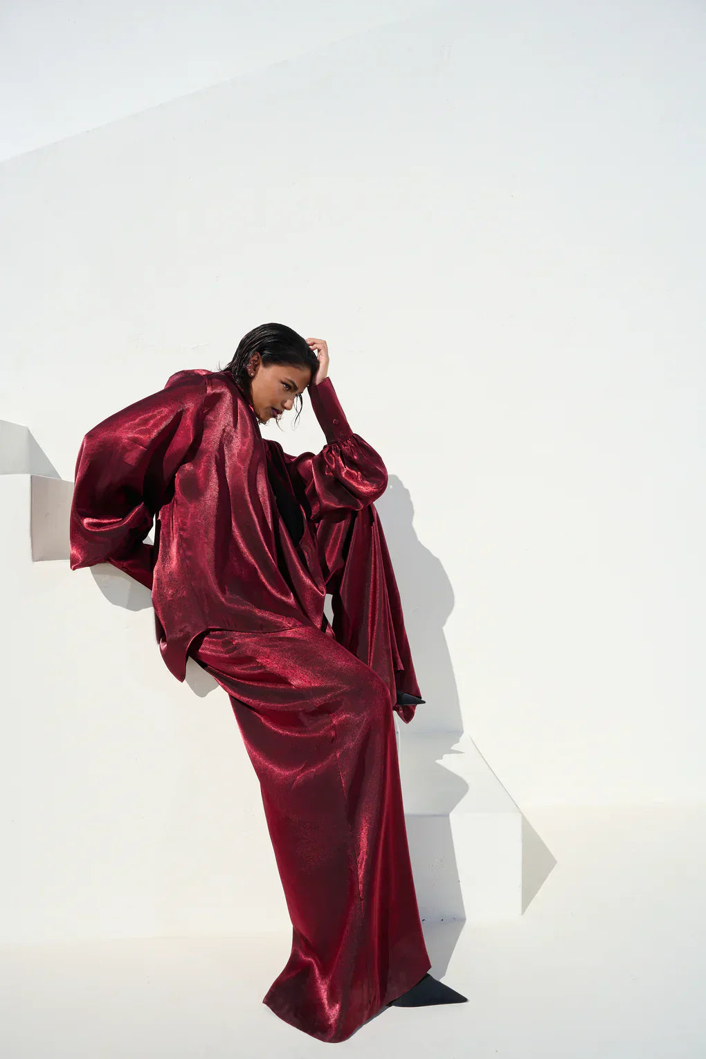 Deep VNeck Shirt wide Leg Pants Set