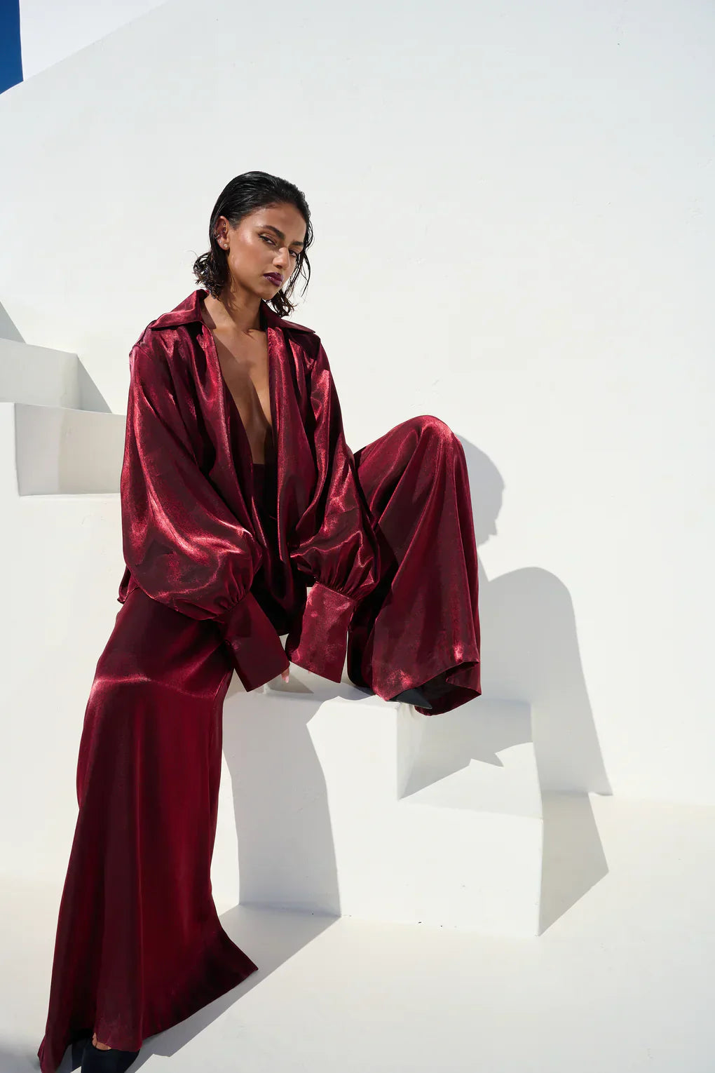 Deep VNeck Shirt wide Leg Pants Set