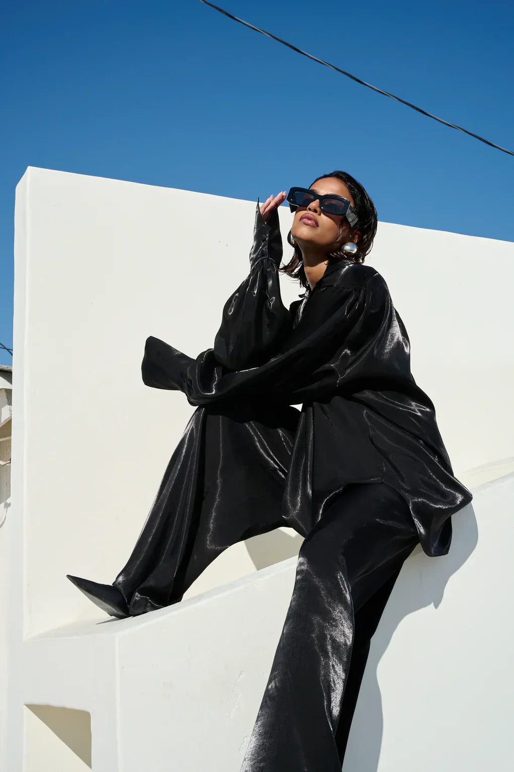 Deep VNeck Shirt wide Leg Pants Set