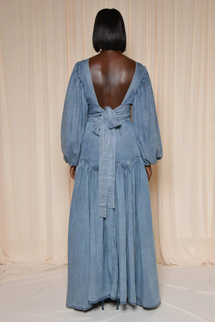 Blue Denim Deep V Neck Maxi Dress Set
