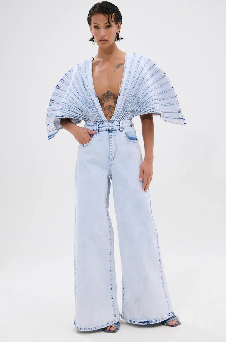 High-Fashion Denim Artwear jumpsuit