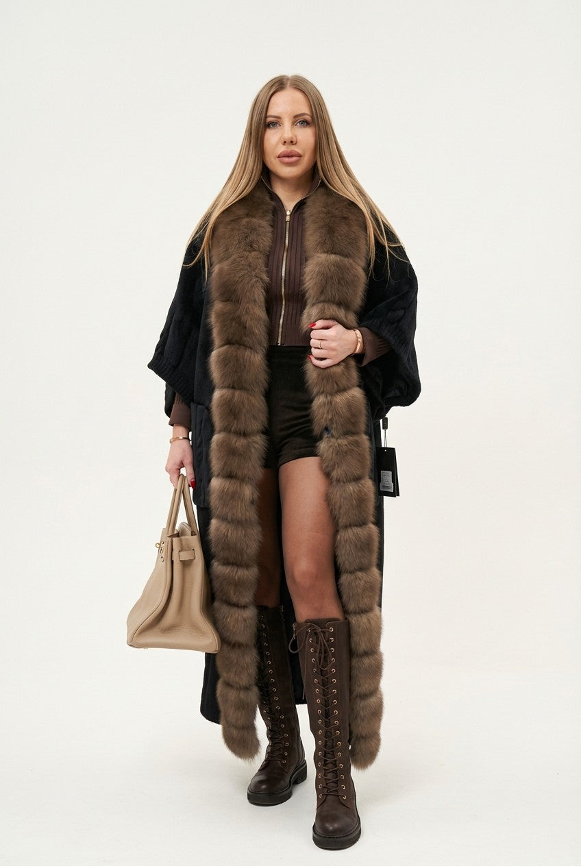 Women's Luxury Fur Trim Long Knit Cardigan Oversized Winter Wrap