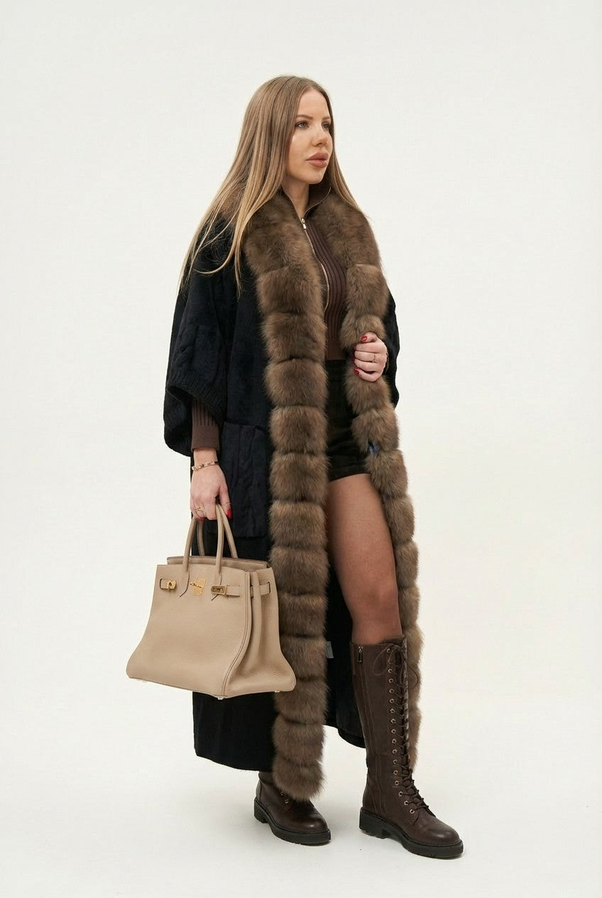 Women's Luxury Fur Trim Long Knit Cardigan Oversized Winter Wrap