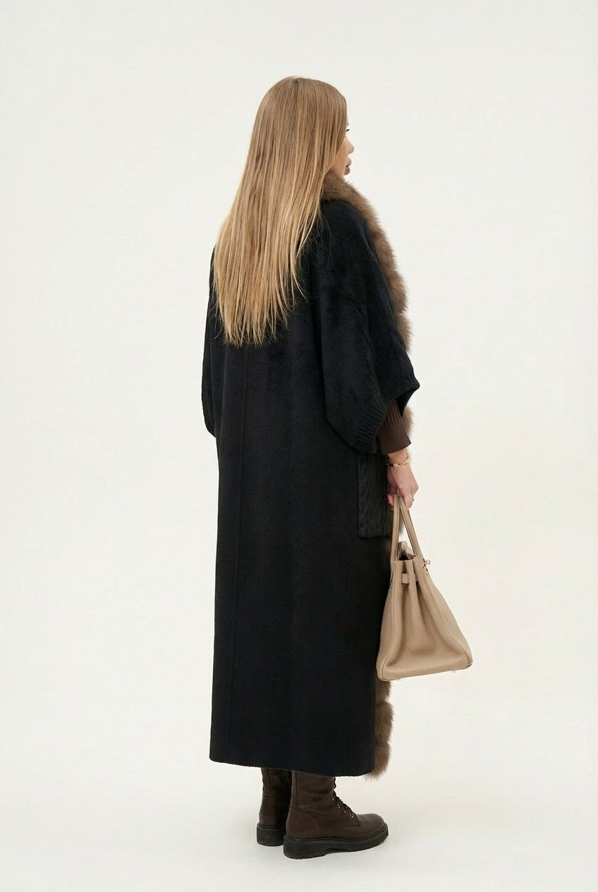 Women's Luxury Fur Trim Long Knit Cardigan Oversized Winter Wrap