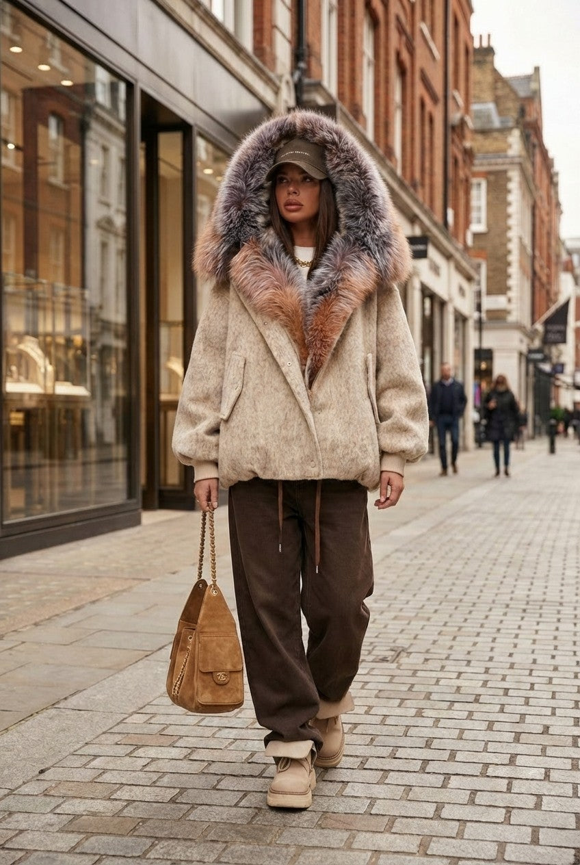 Women's Textured Wool Blend Jacket With Oversized Statement Fur Hood