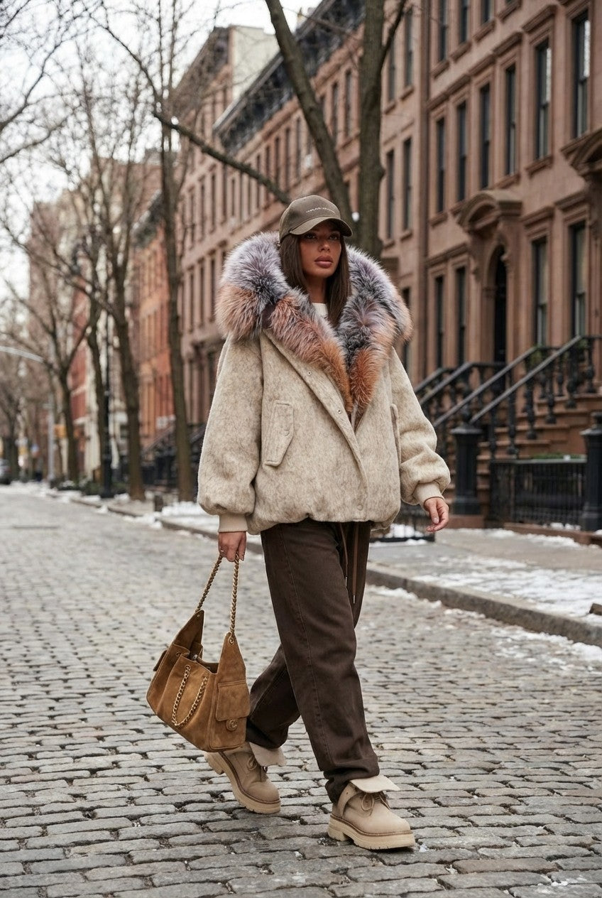 Women's Textured Wool Blend Jacket With Oversized Statement Fur Hood